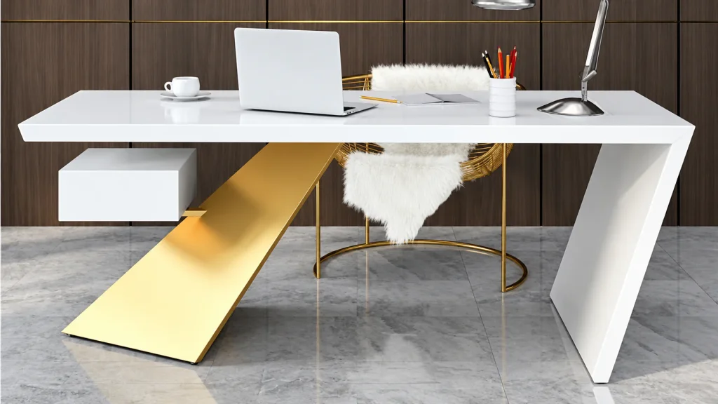 White and Gold Accent Office Desk, front view with gold chair and floating drawer