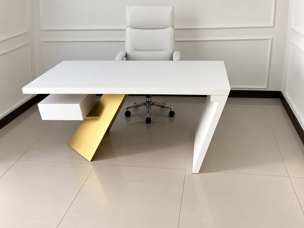 White and Gold Accent Office Desk with a white office chair in a paneled room